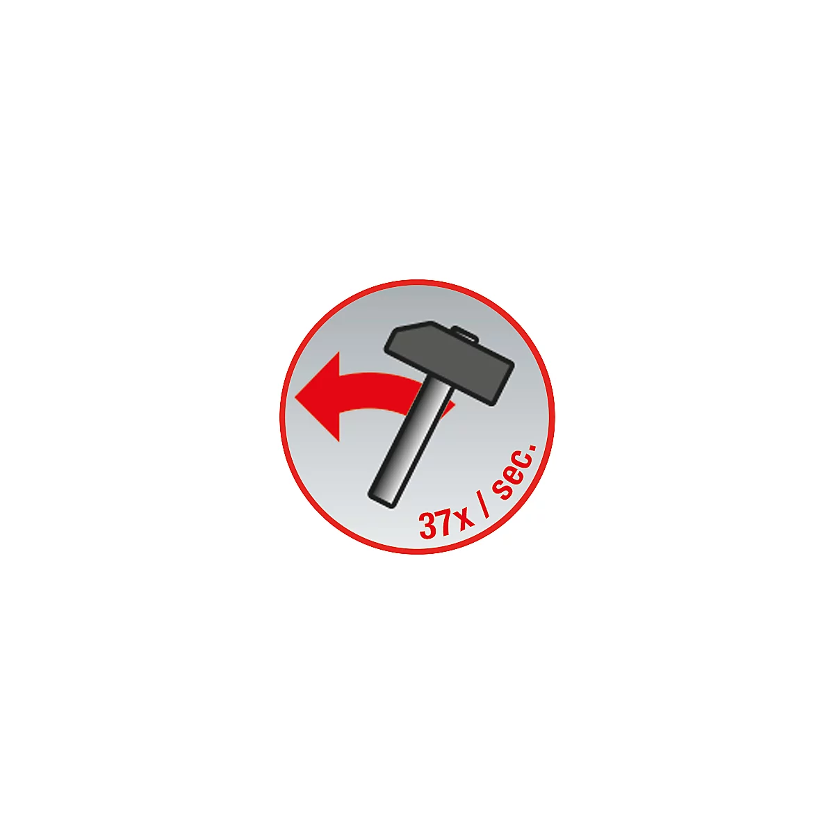 Symbol: Ein Hammer mit rotem Pfeil, zeigt die Schlagfrequenz von 37 Schlägen pro Sekunde.